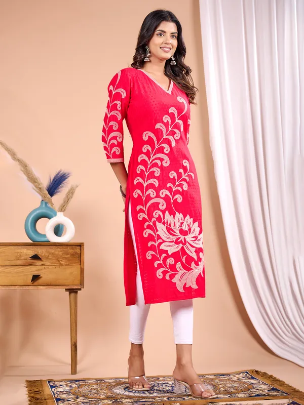 Magenta embroidery worked cotton silk kurti