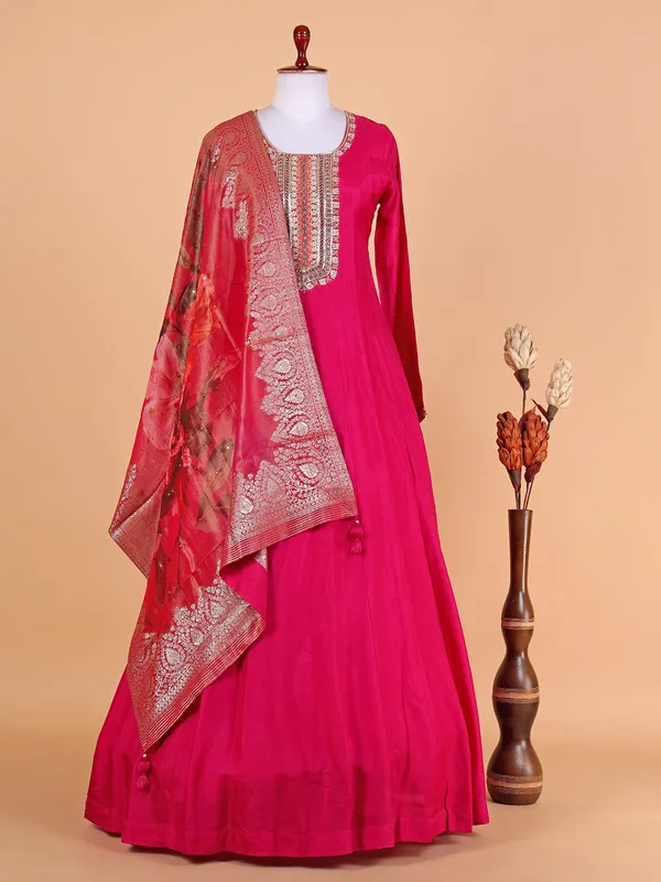 Magenta floor length suit with zari work dupatta