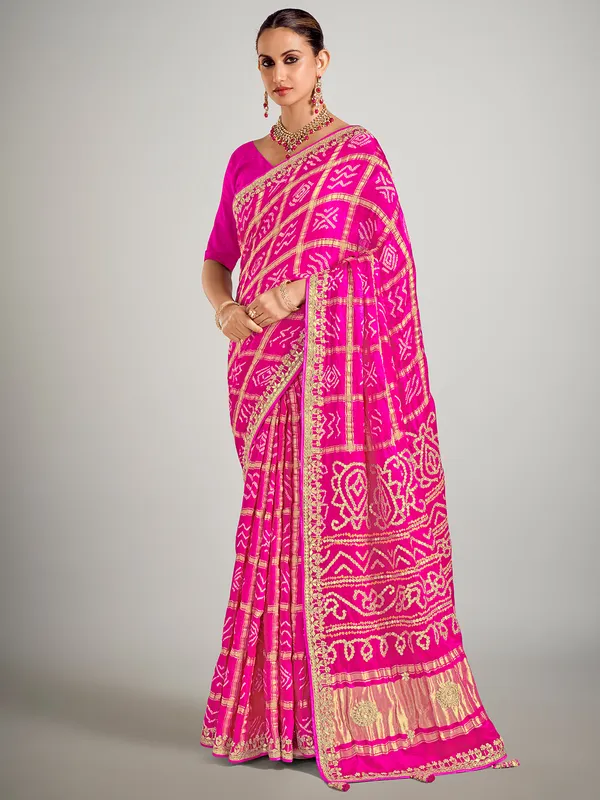 Magenta gajji silk saree in bandhej printed
