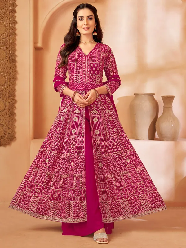Magenta georgette palazzo suit with embroidery work
