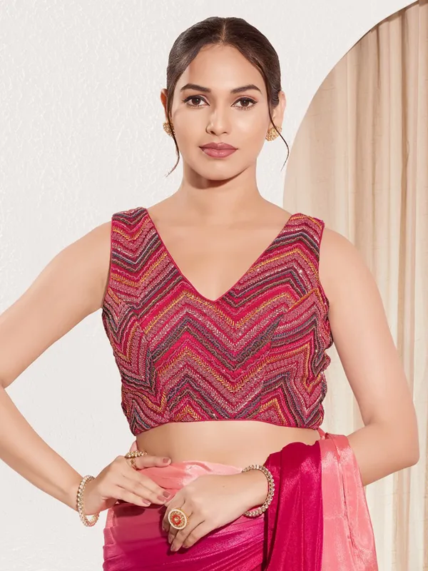 Magenta net ready made blouse with V neck
