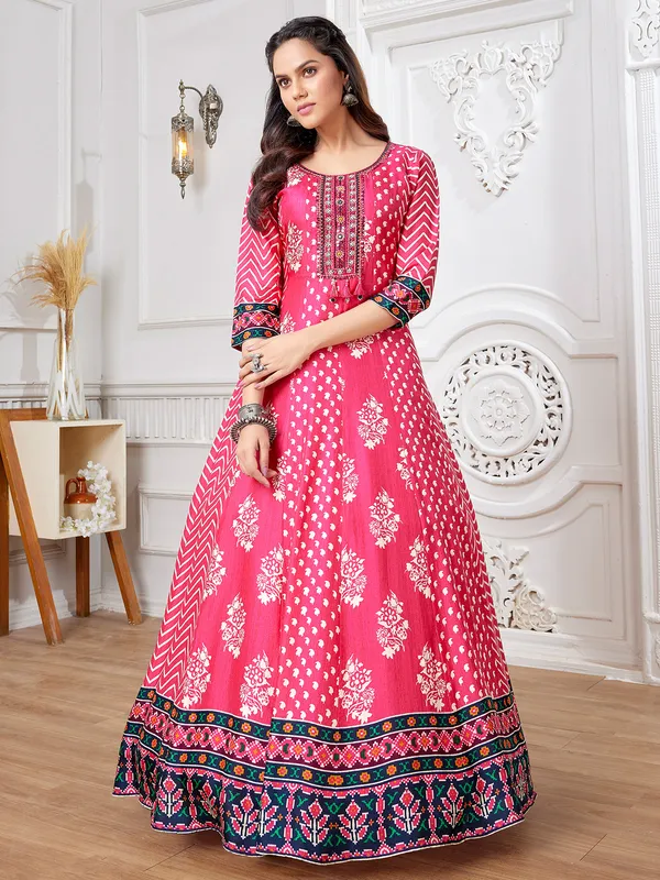 Magenta printed russian silk anarkali suit
