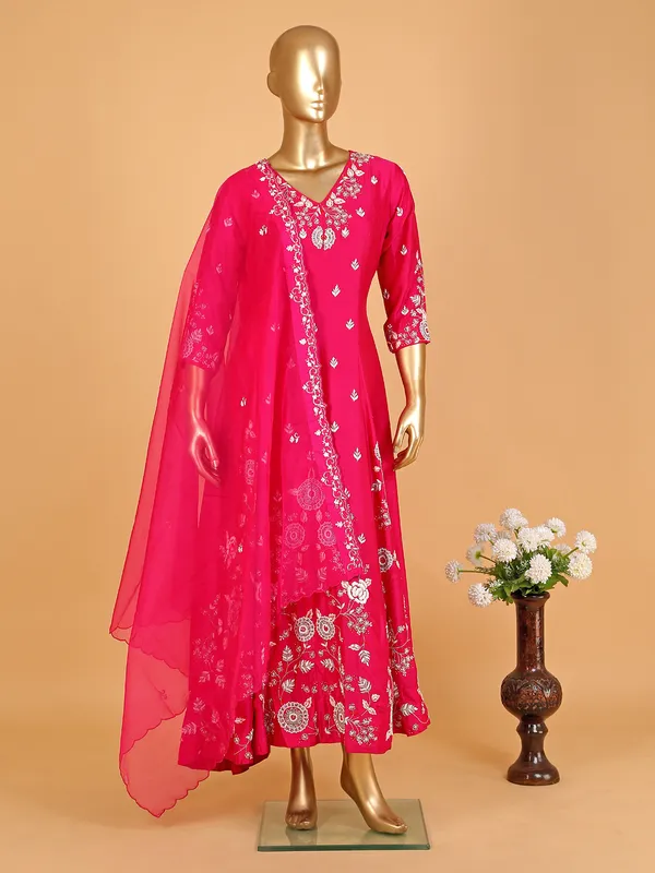 Magenta raw silk anarkali suit with dupatta