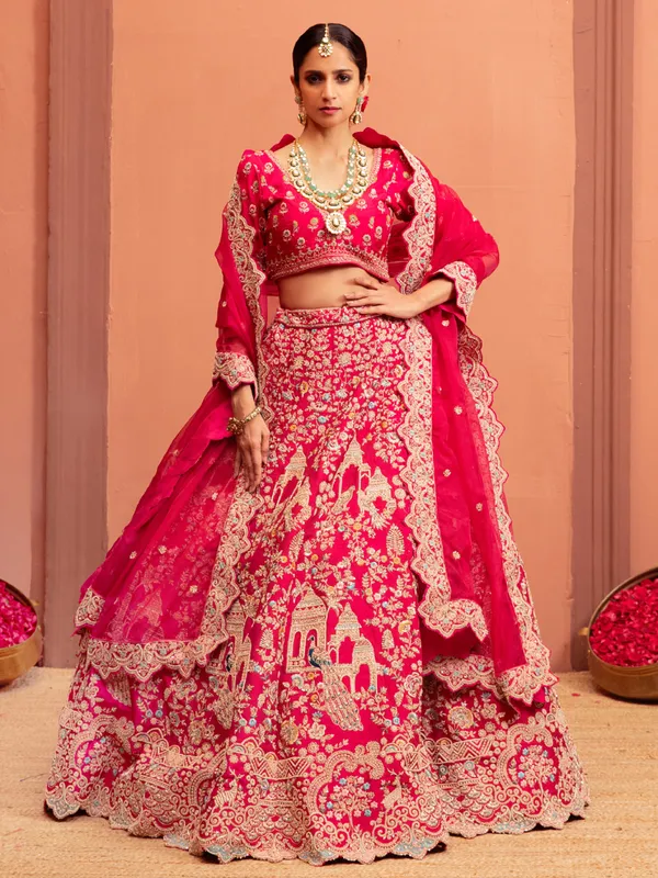 Magenta raw silk bridal lehenga choli with dupatta