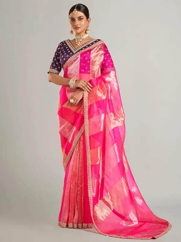 Magenta saree for wedding in tissue silk