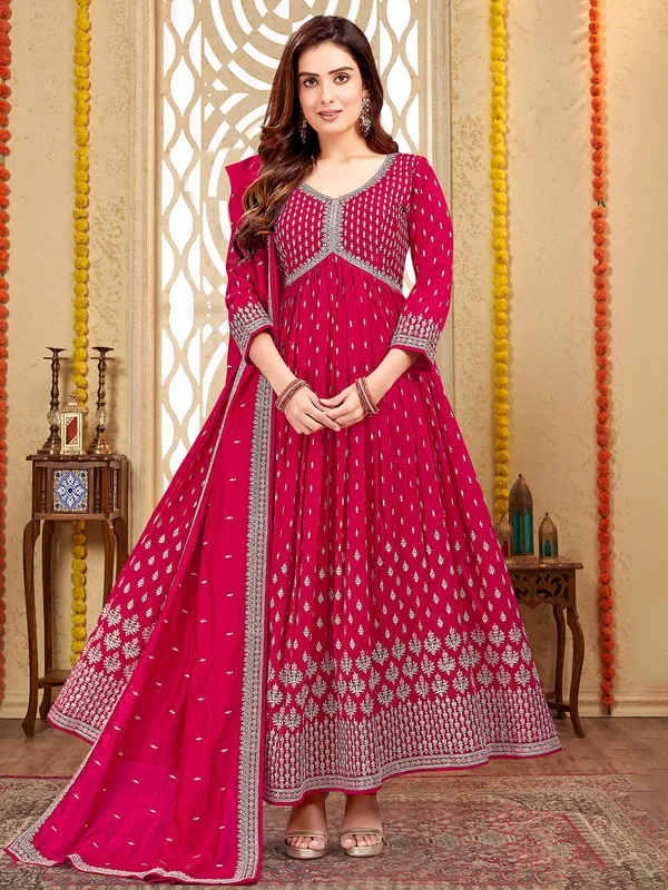 Magenta silk anarkali salwar suit