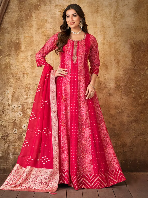 Magenta silk anarkali suit with print