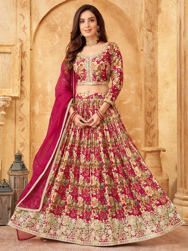 Magenta silk lehenga choli with print