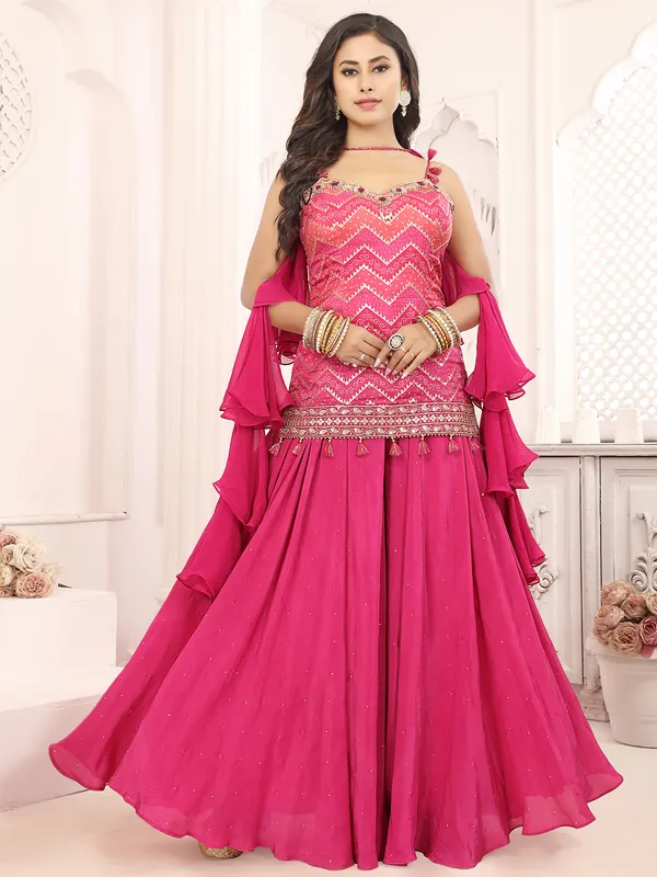 Magenta silk palazzo printed suit with
