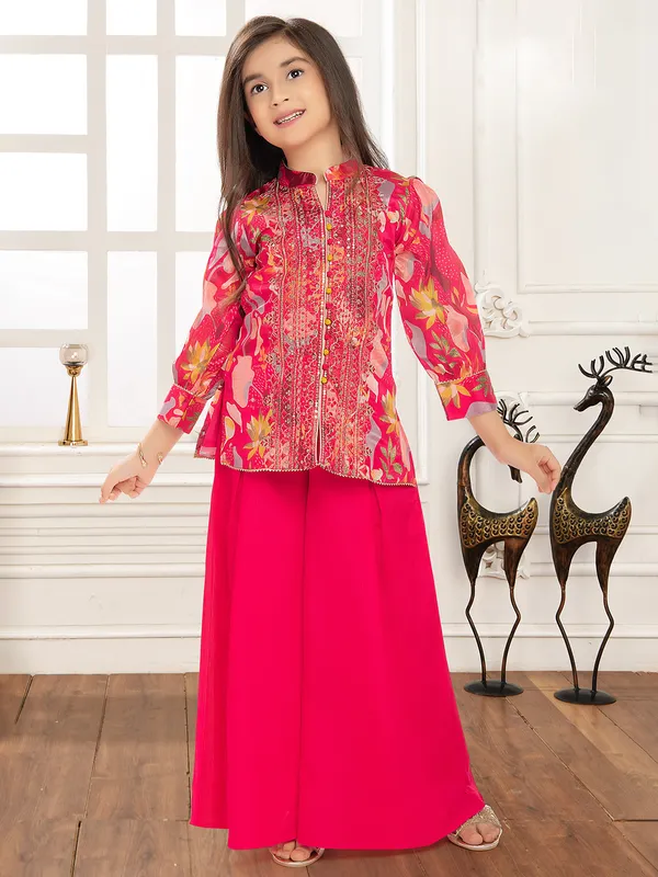 Magenta silk palazzo suit with printed