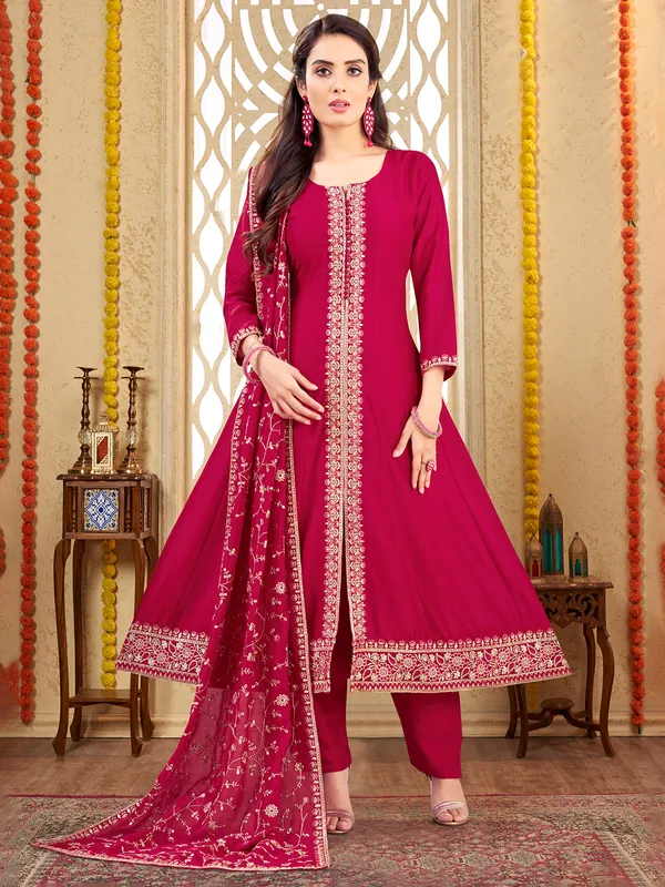 Magenta silk resham worked salwar suit