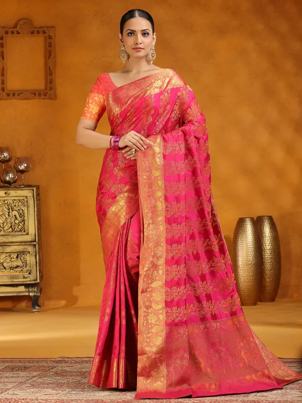 Magenta silk saree with zari embellishment
