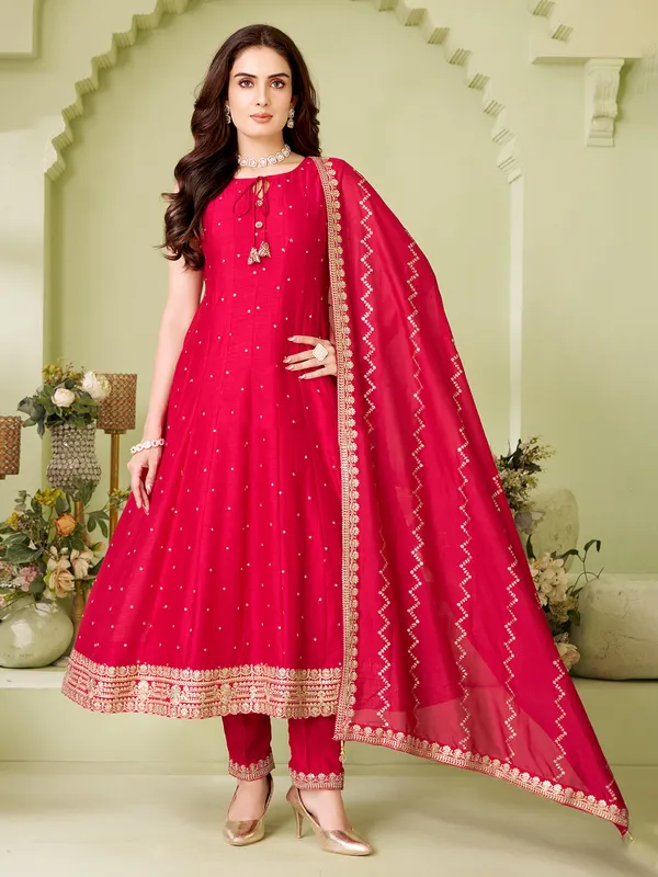 Magenta silk straight cut salwar suit with dupatta