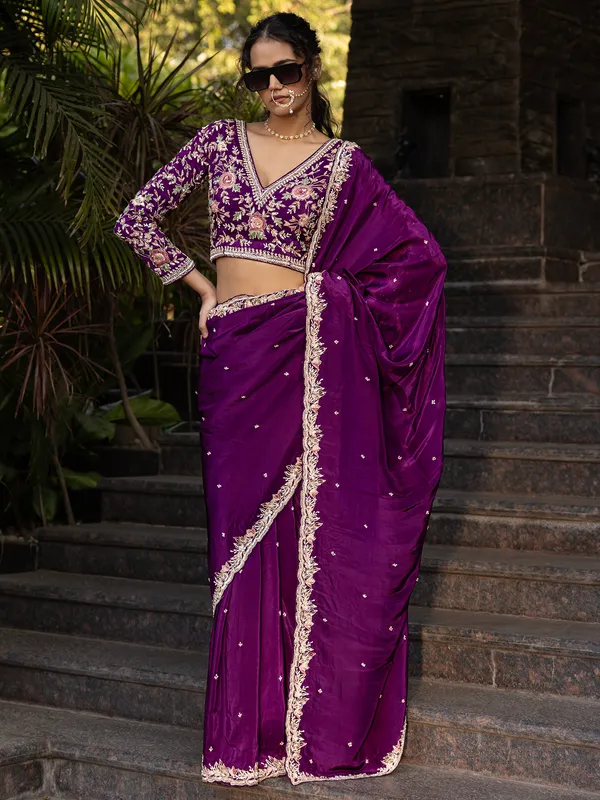 Magistic charming royal dark purple silk saree