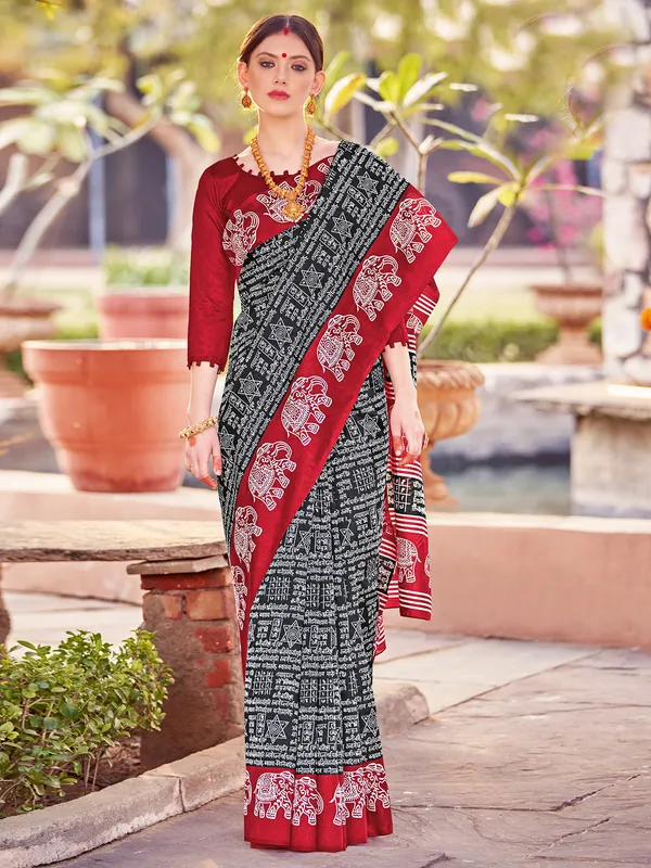 Maroon and black bhagalpuri silk saree with print
