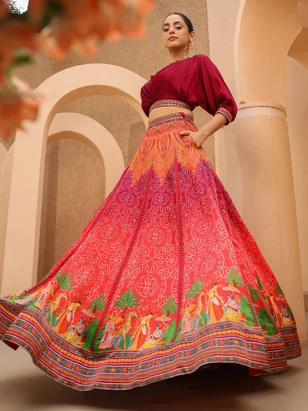 Maroon and orange printed crop top with lehenga