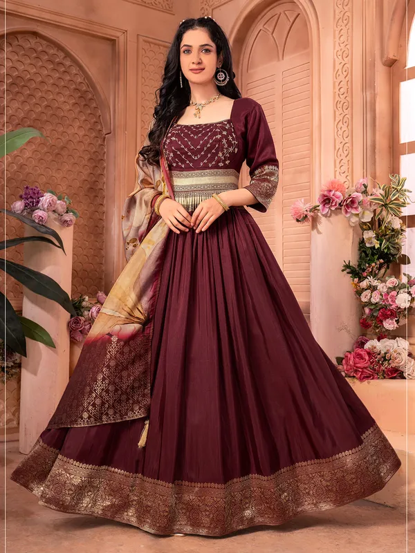 Maroon banarasi silk anarkali suit