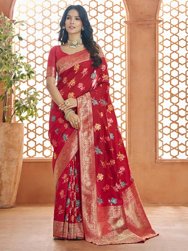 Maroon banarasi silk saree with contrast border