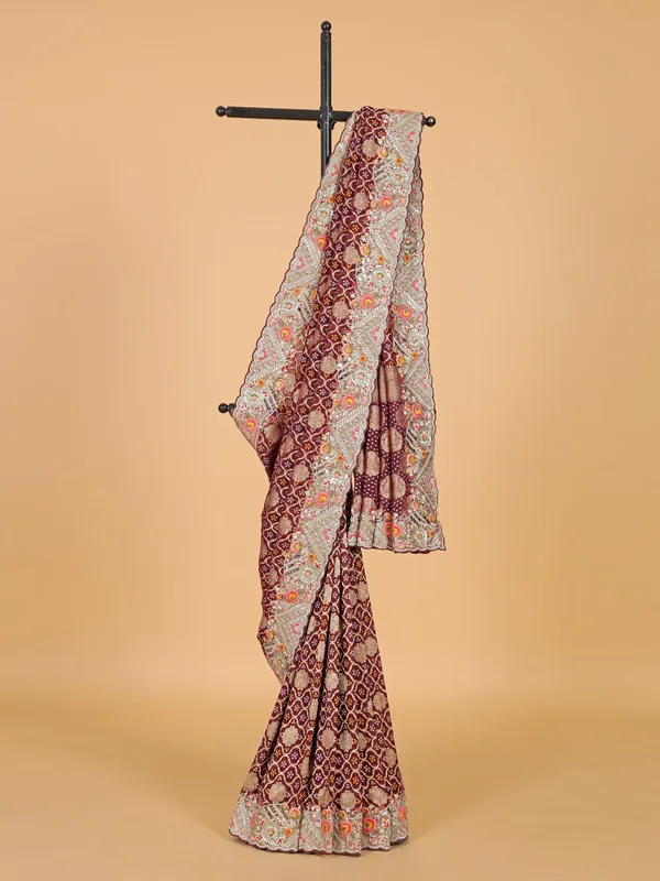 Maroon bandhani printed cotton silk saree