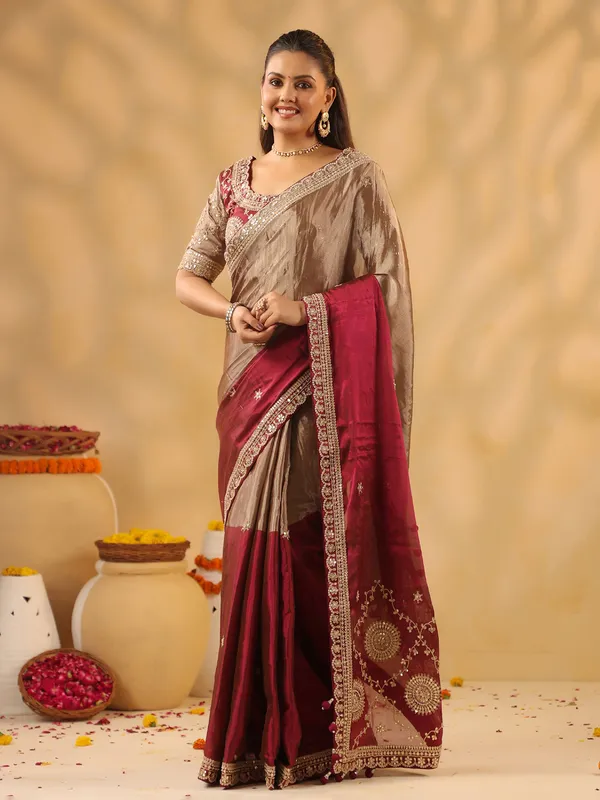 Maroon beige tissue silk saree with heavy blouse