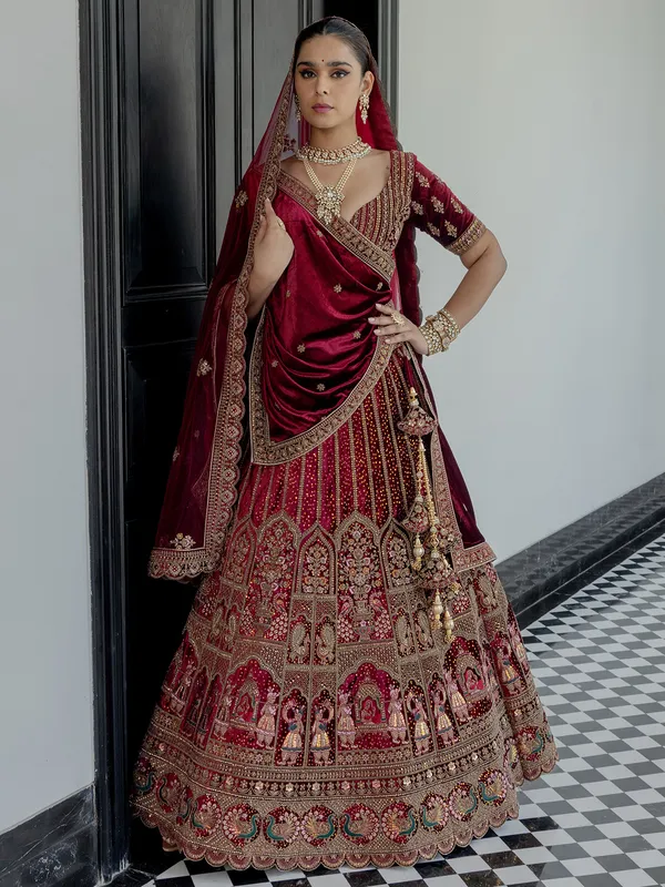 Maroon bridal lehenga choli in attractive velvet