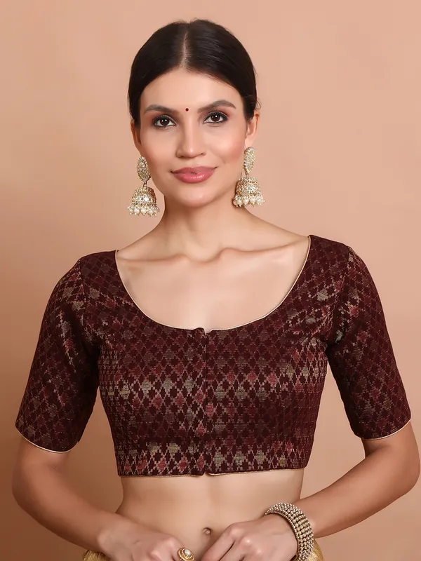 Maroon brocade round neck ready made blouse