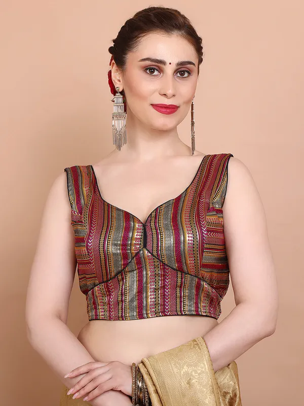Maroon brocade sleeveless ready made blouse