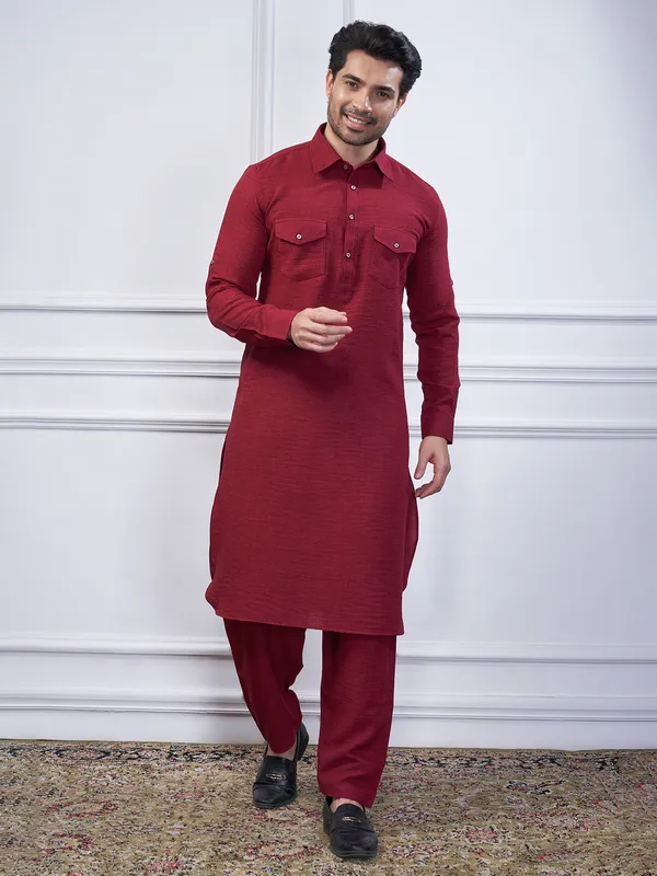 Maroon cotton festival wear pathani kurta suit