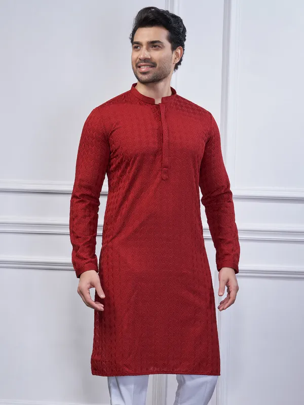 Maroon cotton kurta suit for mens wear