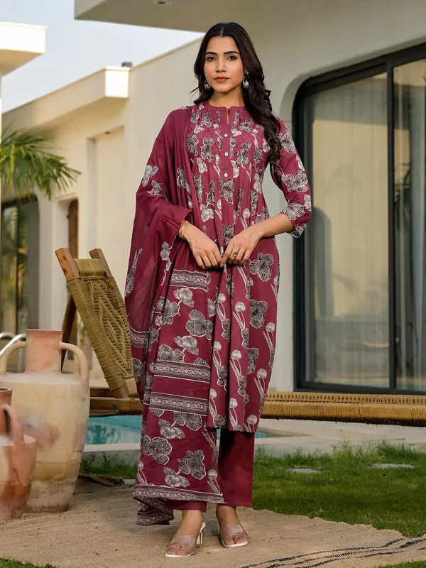 Maroon cotton kurti set with dupatta