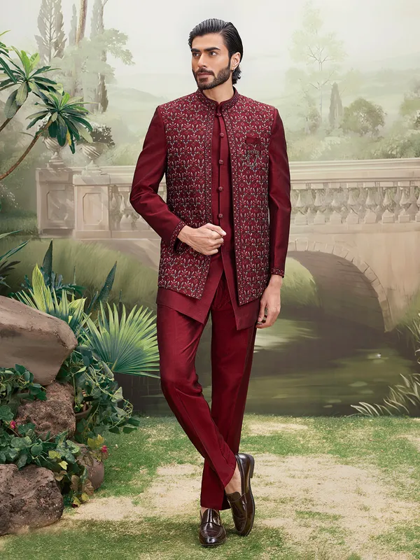 Maroon cotton silk indo western with sequins elegance