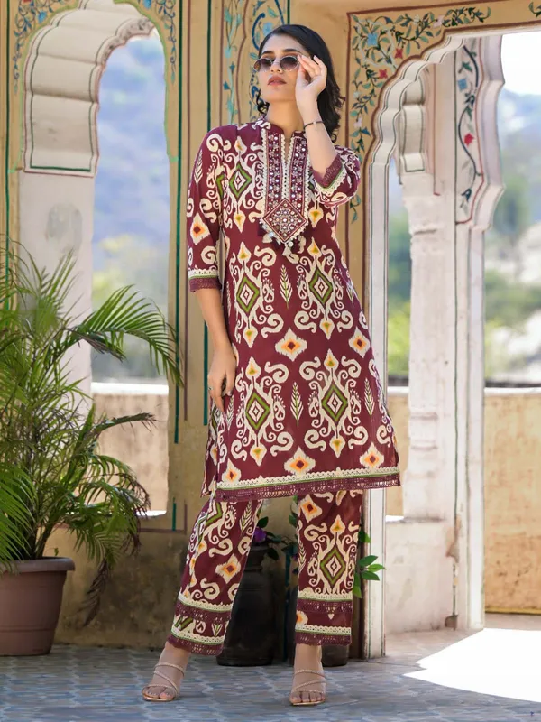 Maroon cotton silk kurti set for women