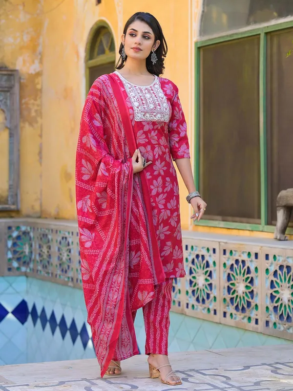 Maroon cotton silk kurti set in printed