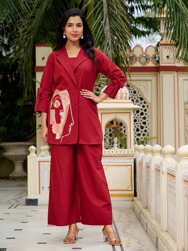 Maroon cotton silk printed palazzo set with jacket