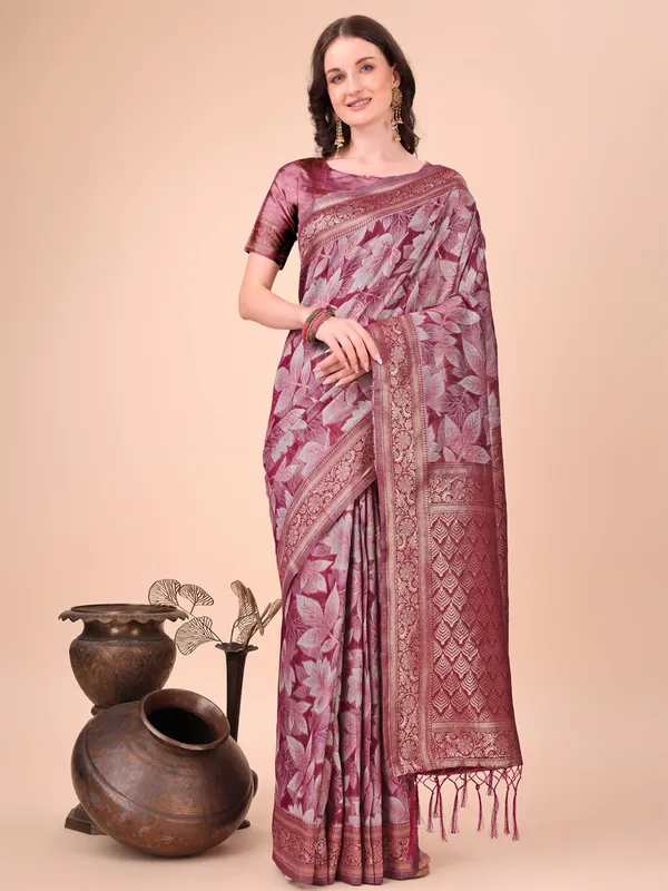 Maroon cotton silk saree with unstitched blouse