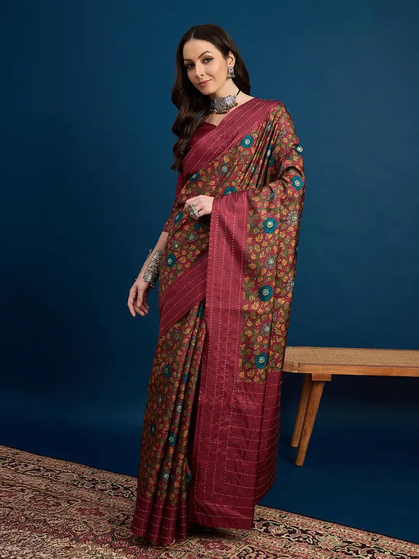 Maroon cozi silk printed saree