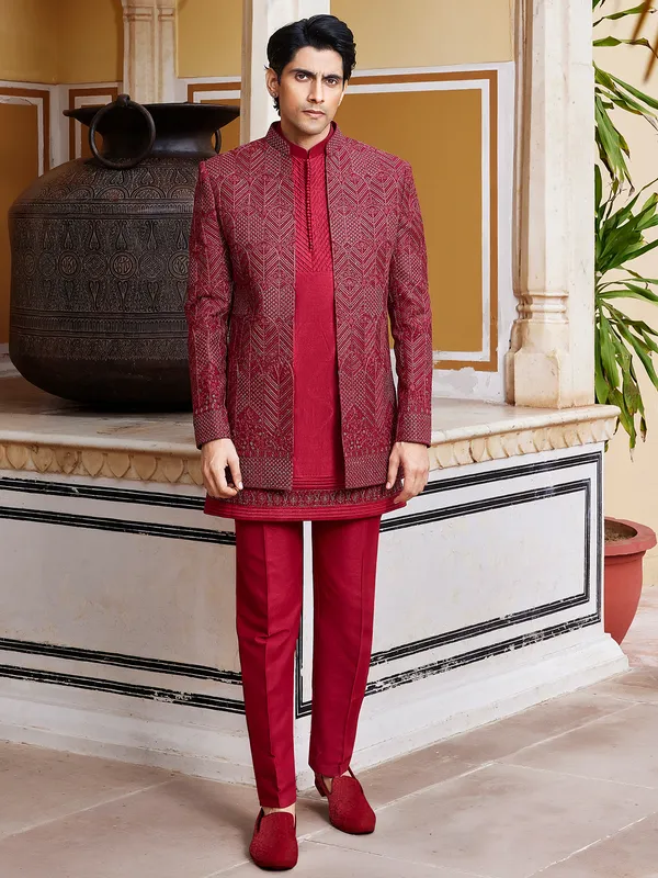 Maroon designer raw silk indo western for men