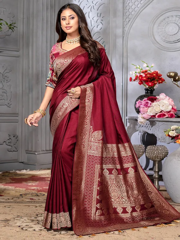Maroon dola silk zari weaving saree