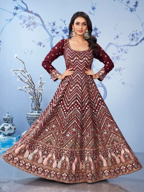 Maroon embroidery georgette anarkali salwar suit
