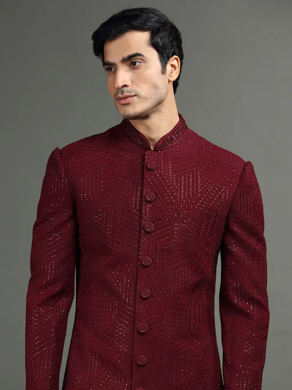 Maroon embroidery indowestern