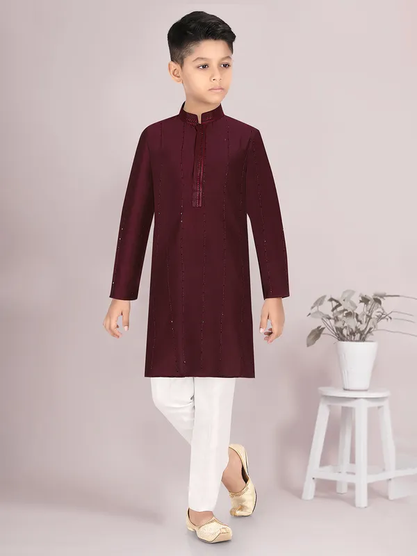 Maroon fesitval special cotton silk kurta suit for boys