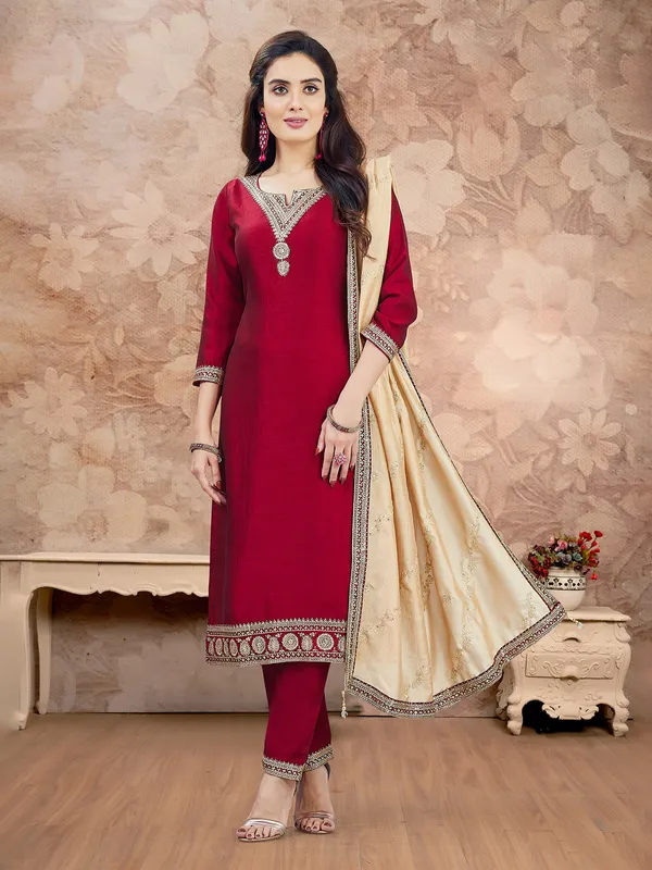 Maroon festive wear silk salwar suit for women