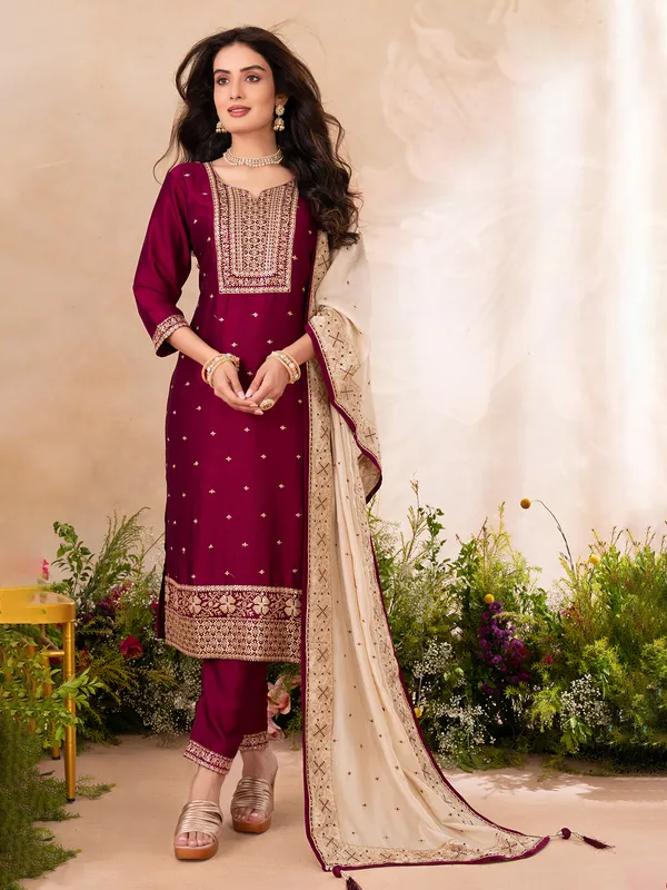 Maroon festive wear silk salwar suit with sequins