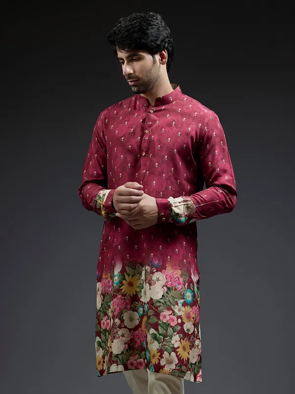 Maroon flower floral print silk festive kurta suit