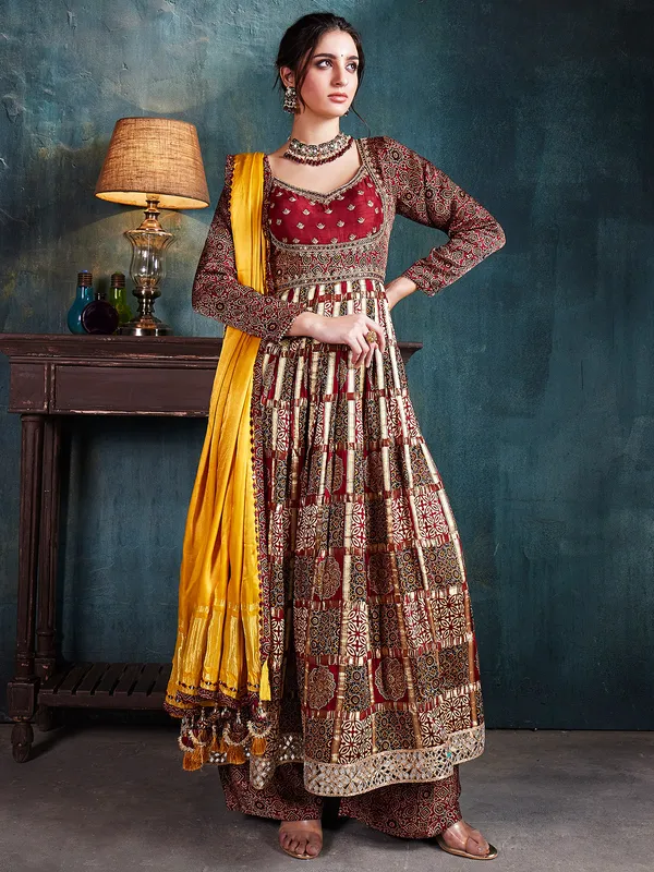 Maroon gaji silk anarkali suit with dupatta