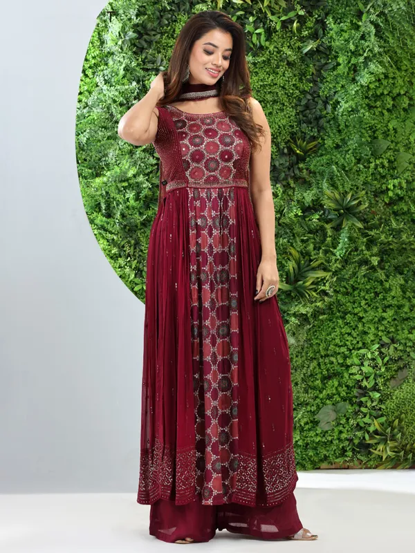Maroon georgette palazzo salwar suit for women