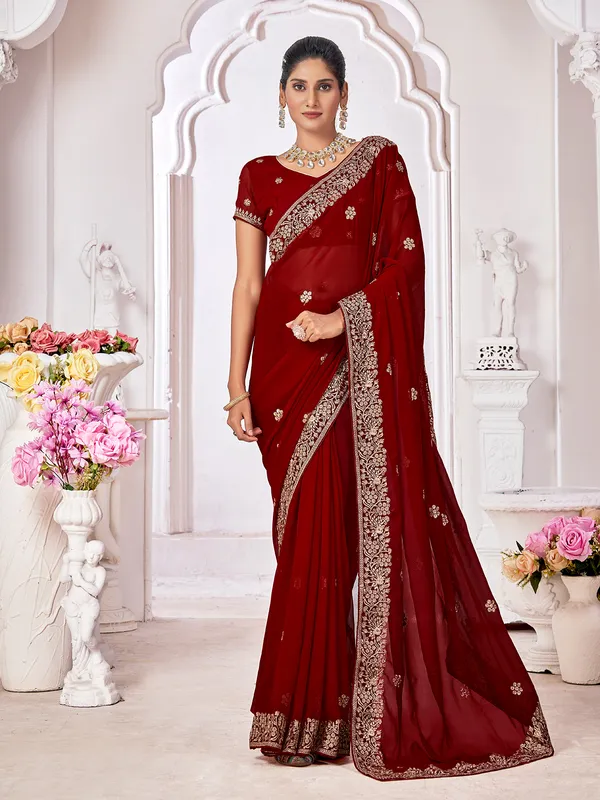 Maroon georgette saree with embroidery