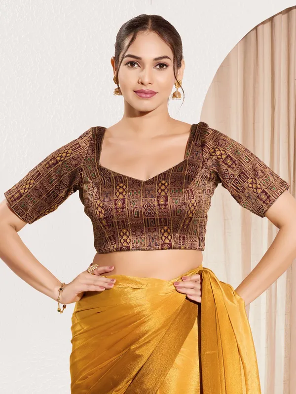 Maroon jacquard ready made blouse for women