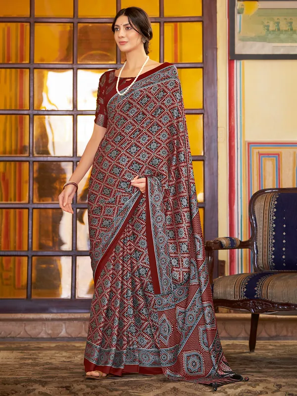 Maroon japan silk saree with ajrakh print