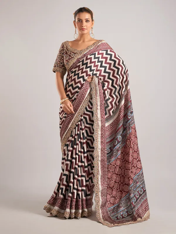 Maroon modal silk saree with zigzag pattern